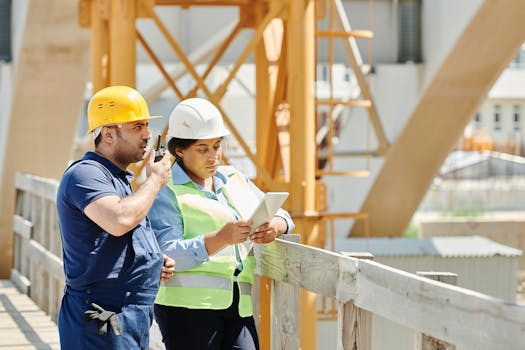 construction site with workers communicating